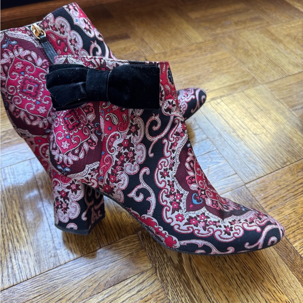Kate Spade Red Paisley Heeled Boots with Black Bow